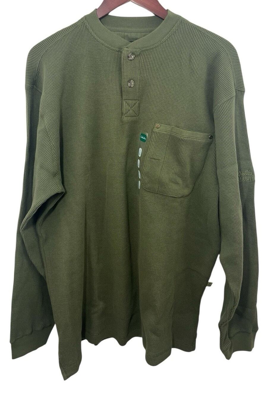 Cabelas Henley Shirt Mens Large Tall Thermal Waffle Knit Roughneck Pocket Olive
